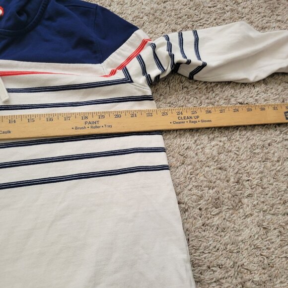 Lands End Hoodie Womens XL Blue Off White Striped Henley Pullover Patches Pocket - Picture 5 of 9